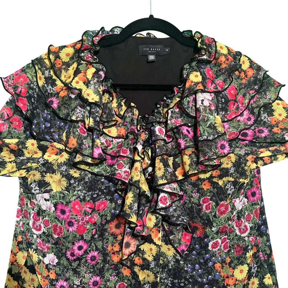 Ted Baker Amell Floral Ruffle Blouse Black Garden Print‎ Cottagecore Sz 4 US 10 - Picture 9 of 16